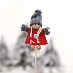 Handcrafted mini Christmas snowman and Santa wooden stick ornaments with red knit hats