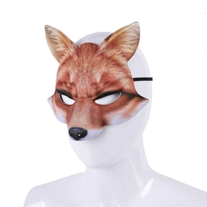 Detail of white and red fox mask showing realistic fur texture and elastic head strap