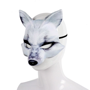 Detailed side view of a white EVA fox mask with realistic fur texture and elastic band