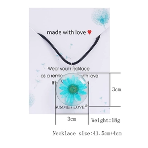 Detail view of dried blue daisy flower glass pendant necklace on display card