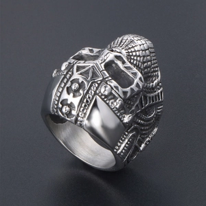 Viking helmet style stainless steel ring for men with intricate silver textured patterns
