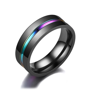 Eleganter schwarzer Edelstahlring für Herren mit lebhaftem Regenbogen-Rillen-Inlay mittig