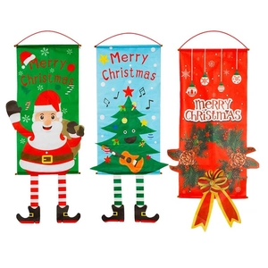Trois bannières Joyeux Noël assorties avec motifs Père Noël, Bonhomme de neige et Couronne