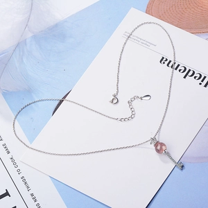 Romantic crown key necklace with pink strawberry quartz stone and silver chain