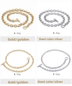 Detail view of O-chain stainless steel necklaces in gold and silver with OT toggle clasp