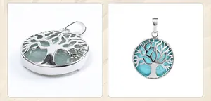Detailed view of silver tree of life pendants featuring aventurine and turquoise stones