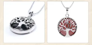 Close-up of tree of life round pendants with black and red natural stone textures