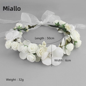 Detail view of handmade bridal floral wreath with organza ribbons, 50cm long and 6cm wide