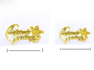 Detailed view of two gold Christmas Greetings signs in 14.5cm and 7cm sizes for tree decor