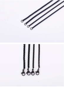 Close-up of black box chain necklace featuring round jump ring and lobster clasp closure