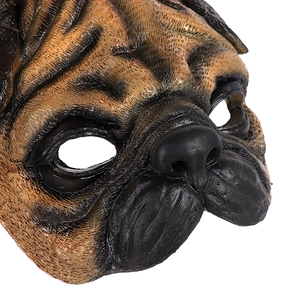 Macro detail of realistic pug dog latex mask showing wrinkled texture and eye holes