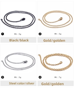 Detail of cross chain necklaces in black, gold, and silver finishes with lobster clasp