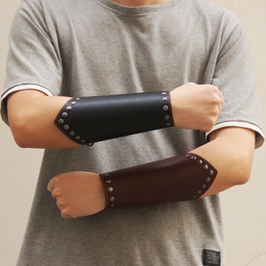 Punk style leather wrist guards with metal rivets for men in black and brown colors