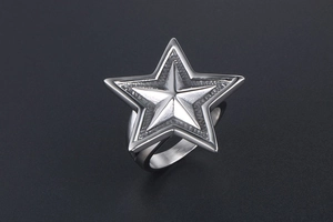 Detailed close-up showing the metallic luster and punk style of the large pentagram star ring
