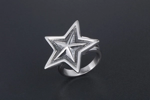 Detailed view of punk style titanium steel ring featuring a large silver star design