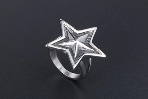 Macro shot of a vintage silver punk titanium steel ring with a bold 3D star design