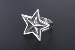 Macro shot of silver titanium steel punk star ring with textured metal finish details