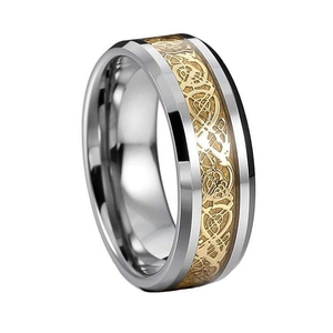 Titanium steel ring with golden Celtic dragon inlay and polished silver edges