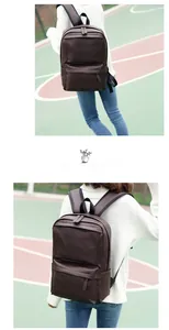 Detailed view of a dark brown PU leather backpack for men in casual outdoor setting