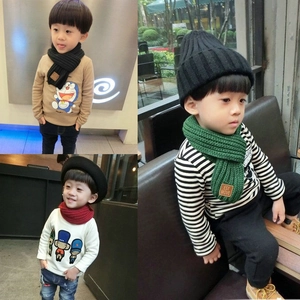 Three-frame collage of kids knit scarves in black, red, and green with leather tags