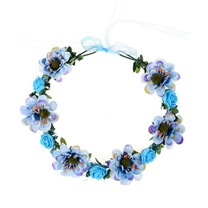 Detail of handmade rose crown with blue flowers and adjustable ribbon for bridal wear