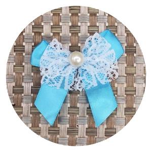 Blue satin ribbon bow with white lace trim and pearl center for doll accessories