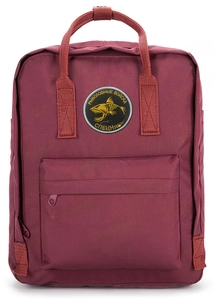 Detail view of burgundy canvas backpack featuring a circular fishbone embroidered patch
