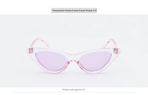 Detail of trendy cat-eye sunglasses with transparent purple frames and C14 ocean lenses