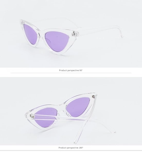 Detailed side and top views of trendy triangle cat eye sunglasses with purple lenses