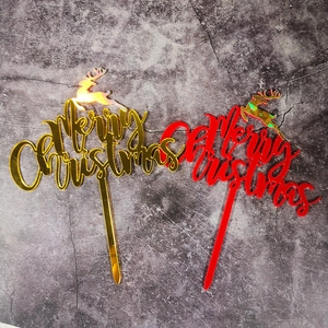 Double-layer acrylic Merry Christmas cake topper with reindeer in gold and red mirror finish