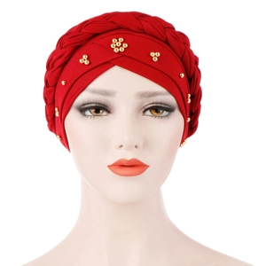 Red milk silk turban hat with braided design and golden bead accents for women
