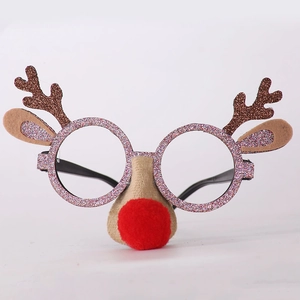 Christmas reindeer glasses with brown antlers and red plush nose for holiday party fun