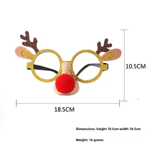 Detail showing dimensions of Christmas glitter reindeer antler glasses with red nose