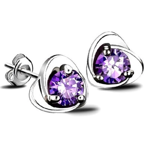 Detail of S925 sterling silver earrings with purple zircon in a clover heart design