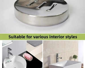 Close-up of brushed stainless steel oval soap dish with three drainage slots for bathroom