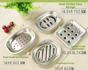 Detail of four stainless steel soap dishes with different drainage patterns and dimensions