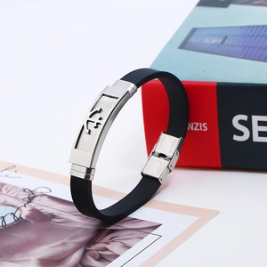 Men's minimalist stainless steel and black silicone bracelet with silver metal clasp