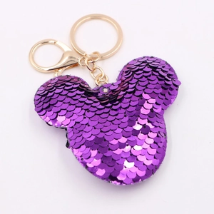 Sparkly purple sequin Mickey Mouse head keychain with golden lobster clasp on white background