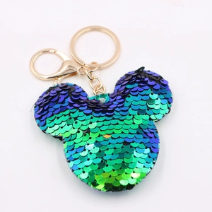 Sparkling sequin Mickey mouse keychain with blue and green gradient on white background