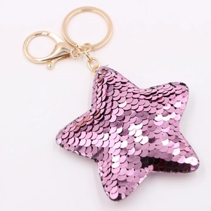 Sparkly pink sequin star keychain with gold-tone hardware for women's bags and gifts