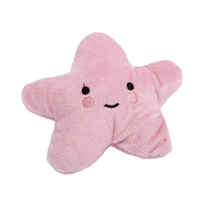 Pink star-shaped plush pet toy with embroidered smiling face on white background
