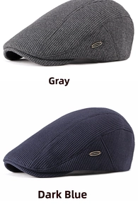 Detailed waffle knit texture and metal logo plate on grey and dark blue flat caps