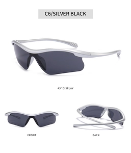Three-angle views of C6 silver sports sunglasses showing frame design and lens details