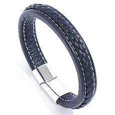 Detail of black woven leather bracelet with white stitching and silver magnetic clasp
