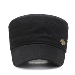 Classic black cotton flat top army cap with metal badge and curved brim for men