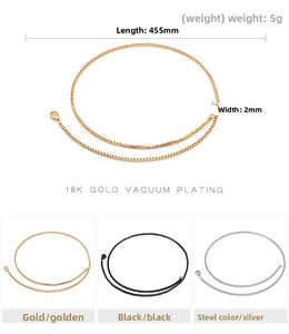 Detailed specs of 2mm stainless steel box chain in gold, black and silver finishes