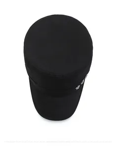 Detailed top view showing the fabric texture and star emblem on a black flat top military cap