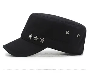 Detail view of black cotton flat top military cap featuring three silver metal stars