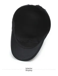 Detailed interior view of a black military cap showing cotton sweatband and lining