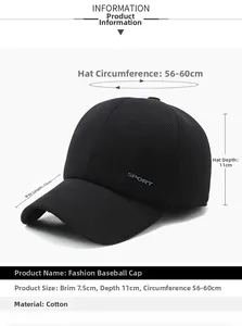 Detailed size chart for the corduroy baseball cap with brim and depth measurements